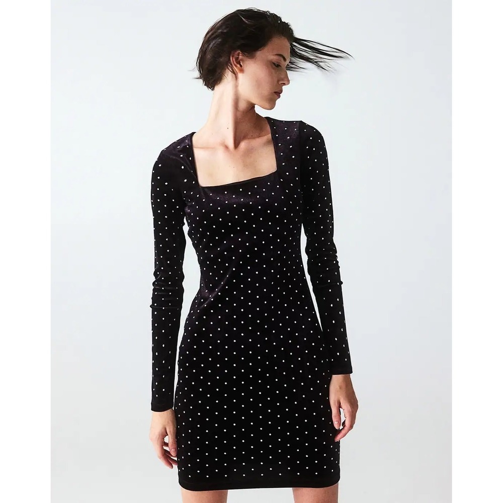 H&M Black Velvet Rhinestone Square Neck Long Sleeve Bodycon Mini Dress‎ NEW